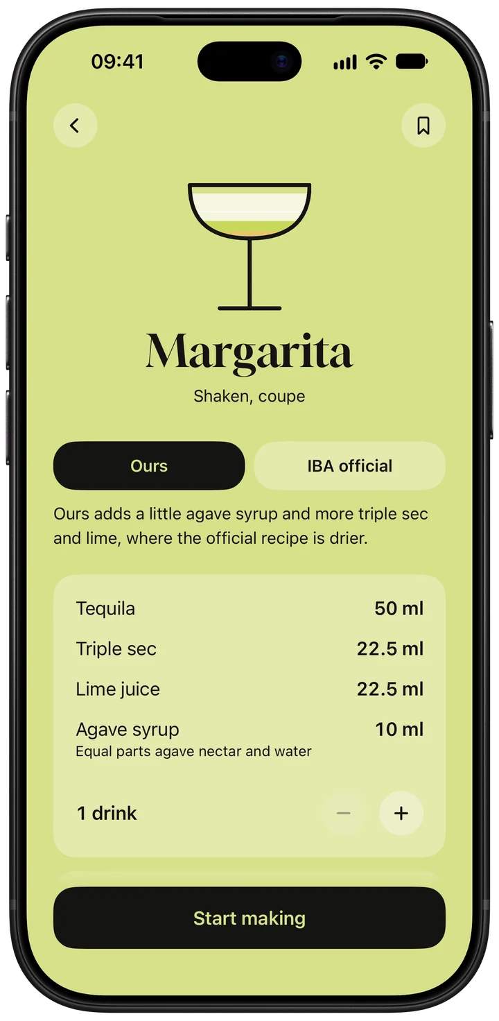The Margarita, with a switch between our recipe and the official IBA recipe