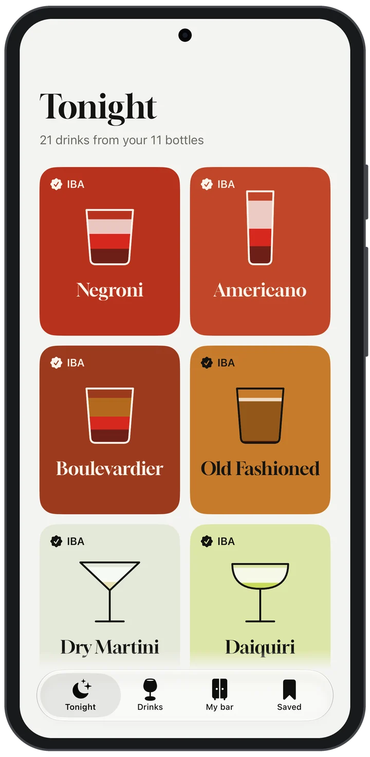 Dry Shake on an Android phone, showing the drinks a bar can make tonight